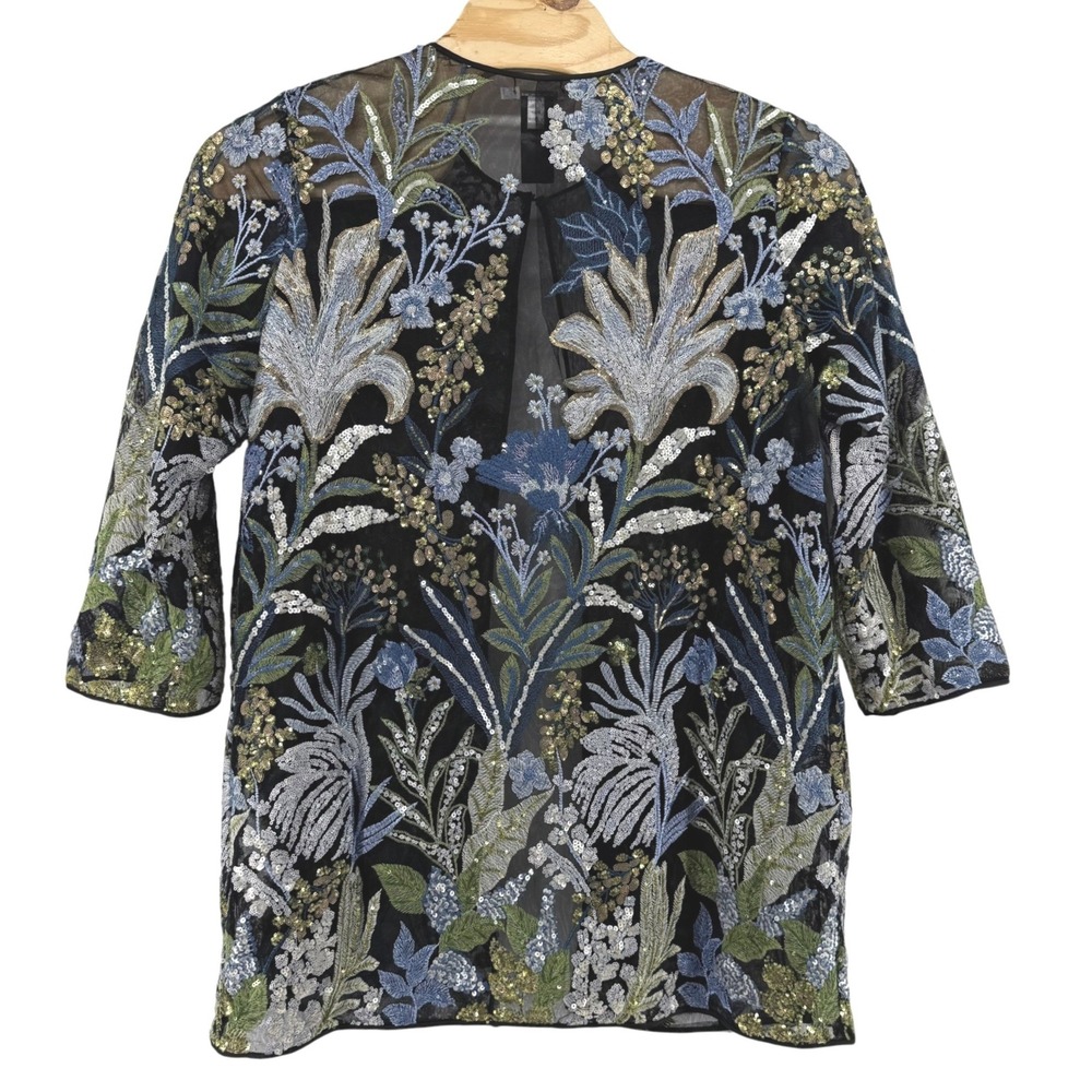 Chicos Floral Embroidered Sequin Mesh Open Front Topper Jacket Black Multi XL 3 - Picture 4 of 10